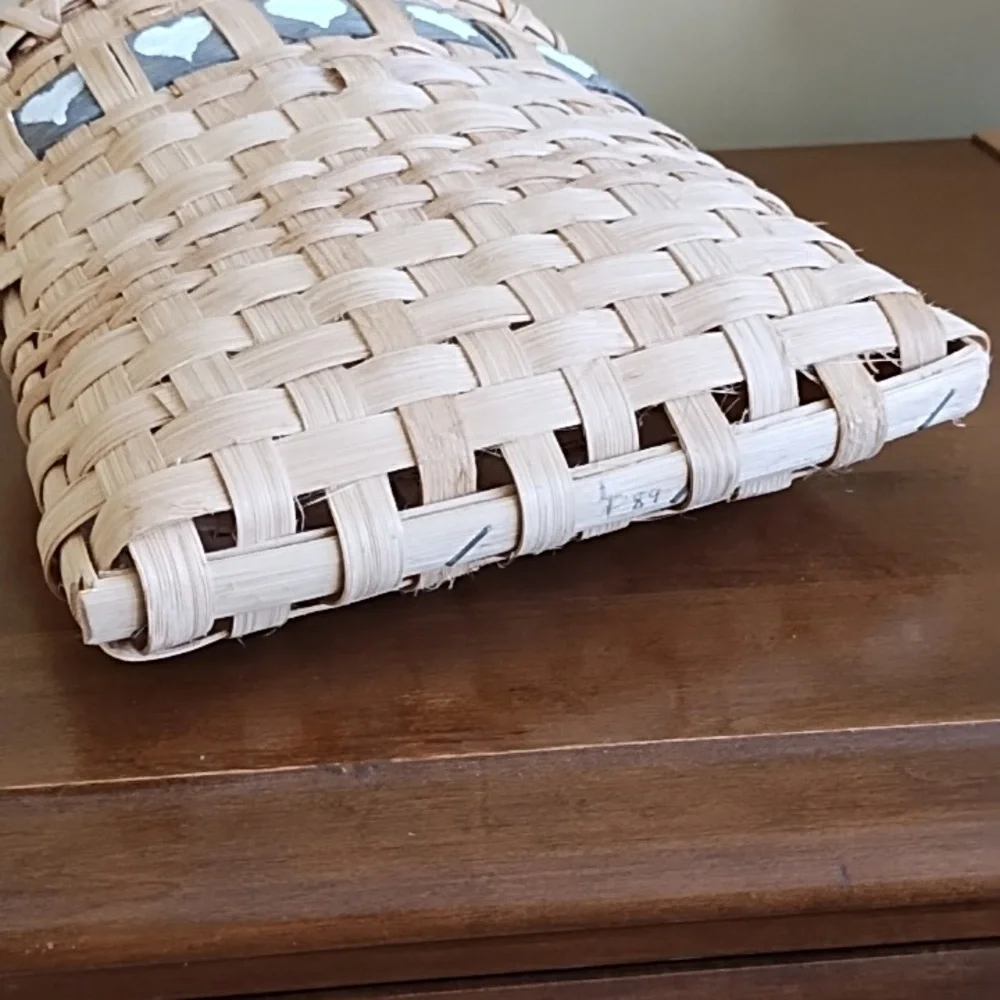 Vintage Handcrafted Woven Splint Wall Pocket Basket With Blue Heart Cutout Band